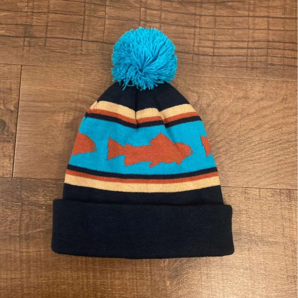 Locale Outdoor Ski Beanie Navy Teal w/Pom Orange Fish Gorpcore Ski Hat